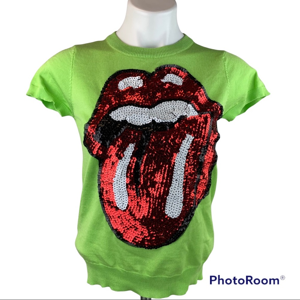 New Sequin ROLLING STONES Tongue Logo Bling Sweater Top S/M